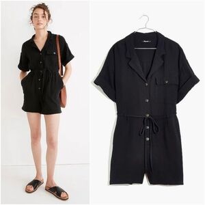 Madewell Lightspun Belted Textured Cotton Safari Romper Jumpsuit in Black XXL